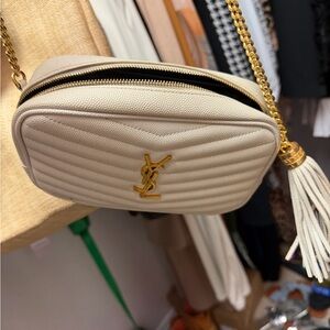 Yves Saint Laurent Beige Quilted Crossbody Bag with Gold Chain